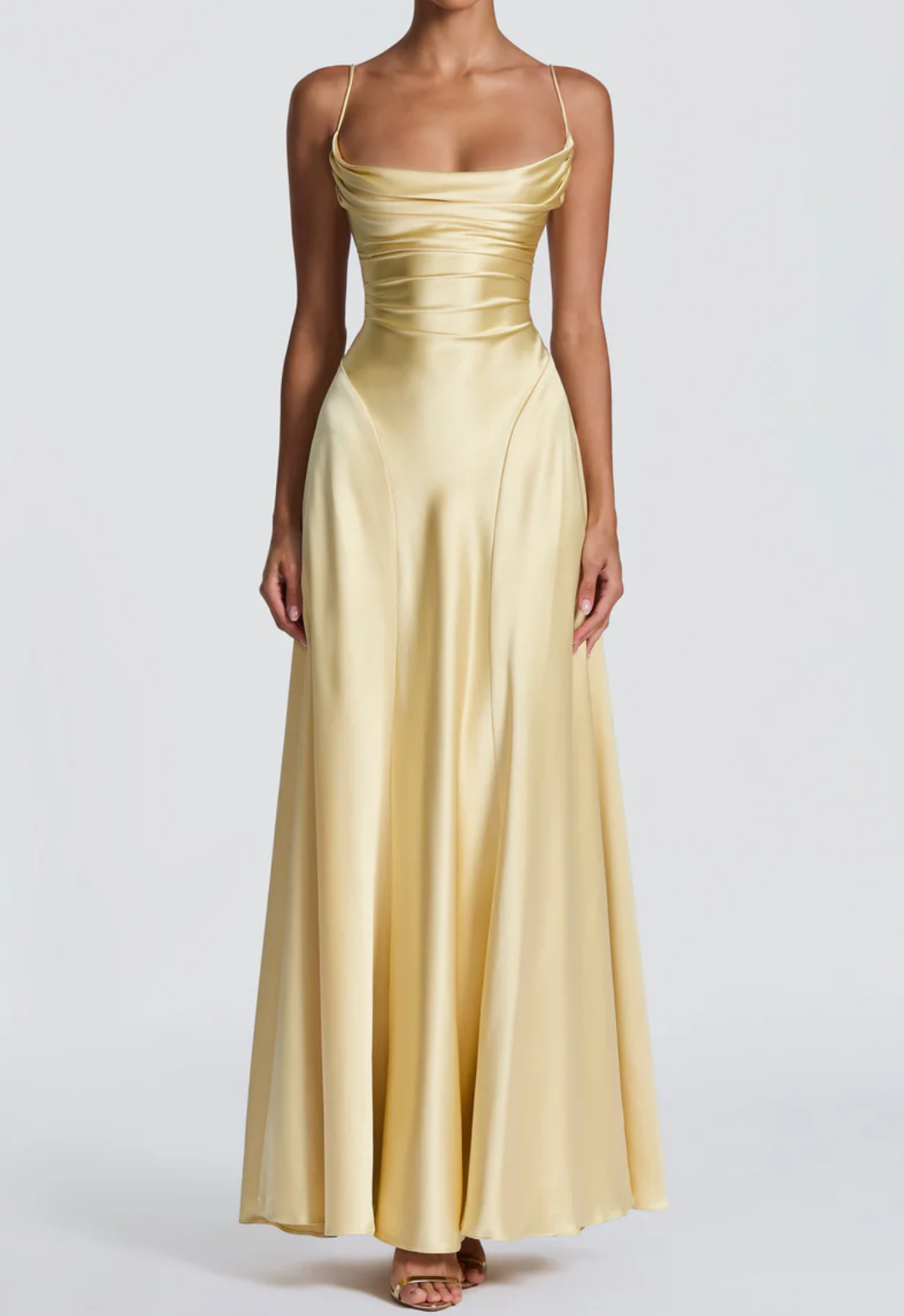 Champagne Yellow Satin Formal Maxi Dress Collection - Elegant Evening Gown for Weddings & Prom