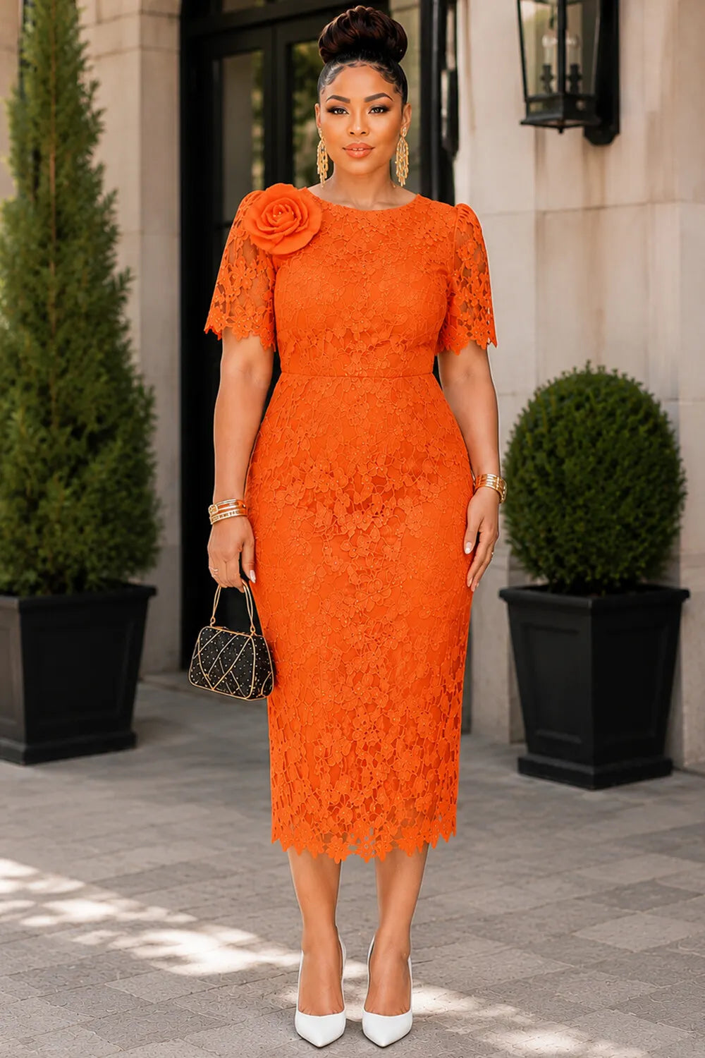 Wedding Guest Orange Round Neck Short Sleeve 3D Bodycon Lace Midi Dresses [Pre-Order]