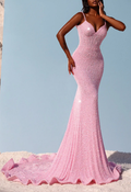 Glam V Neck Pink Spaghetti Strap Sequin Maxi Dress
