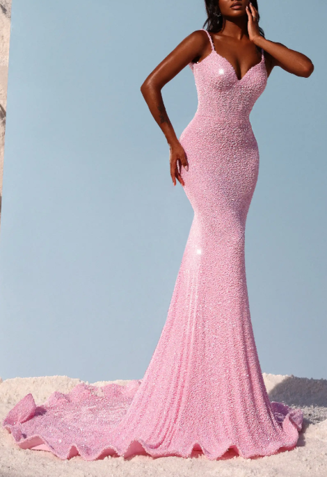 Glam V Neck Pink Spaghetti Strap Sequin Maxi Dress