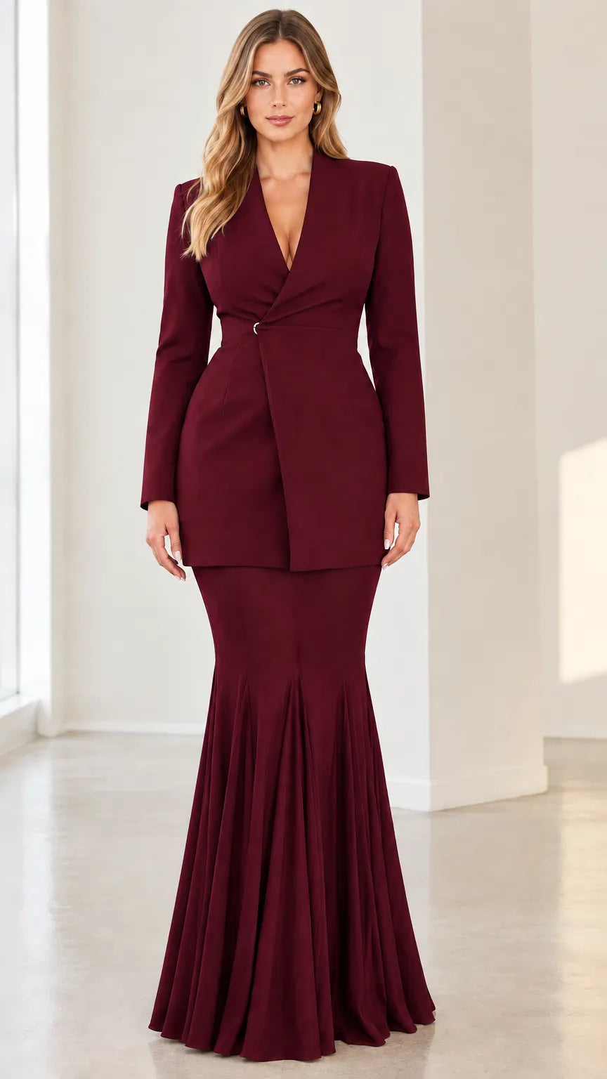 Tailored Blazer and Pleated Mermaid Maxi Skirt Two-Piece Set