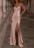 Champagne Spaghetti Strap Crystal Mermaid Maxi Dress with Slit