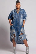 Xpluswear Design Plus Size Daily Blue Shirt Collar Long Sleeve Ripped Pocket Denim Shirt Dresses