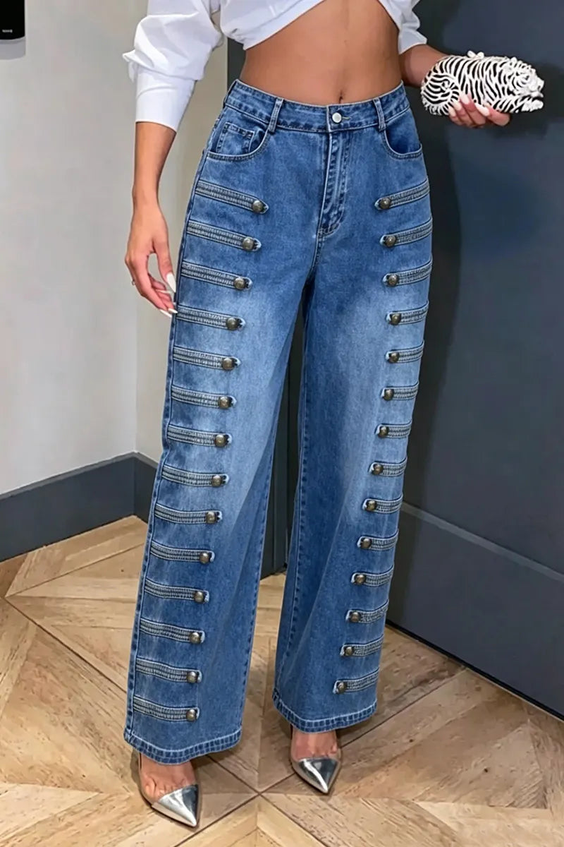 Women High Waist Two Side Multi Metal Button Stitch Detail Loose Wide Leg Washed Blue Denim Jeans