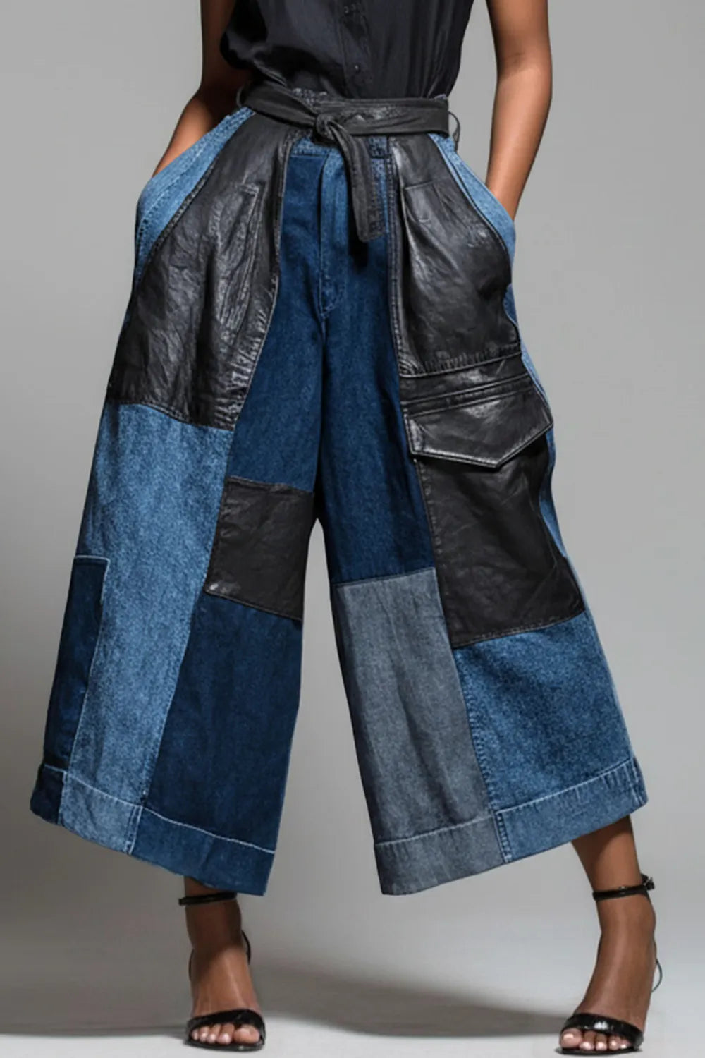 Xpluswear Design Plus Size Daily PU Leather Blue Contrast Pocket Denim Pants