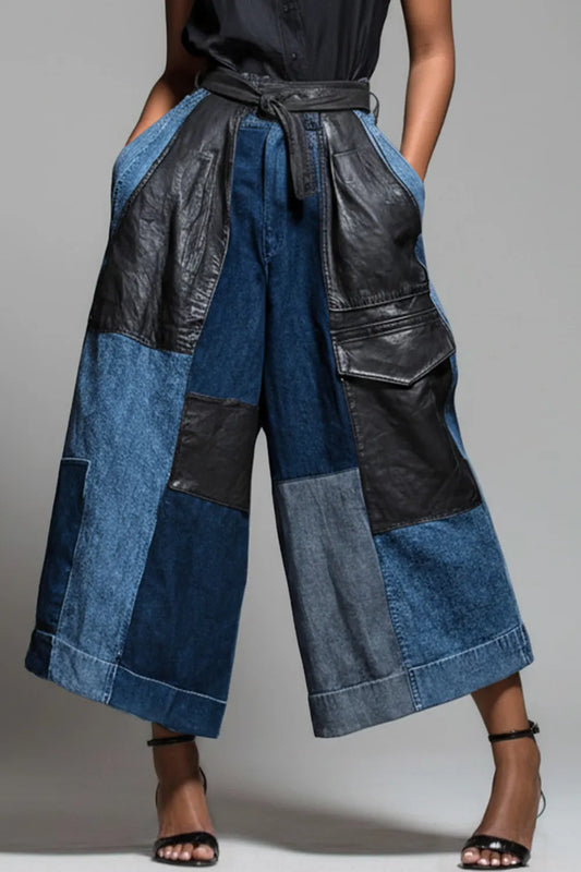 Daily PU Leather Blue Contrast Pocket Denim Pants