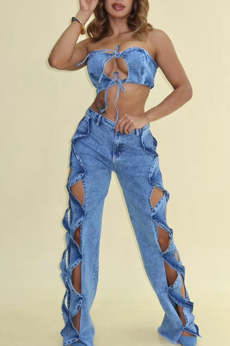 Women's Light Wash Denim Tie-Front Cutout Tube Top Or Ruffle Trim Cut-Out Wide Leg Pants
