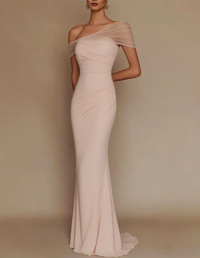 One-Shoulder Mesh-Patched Pleated Mermaid Maxi Dress