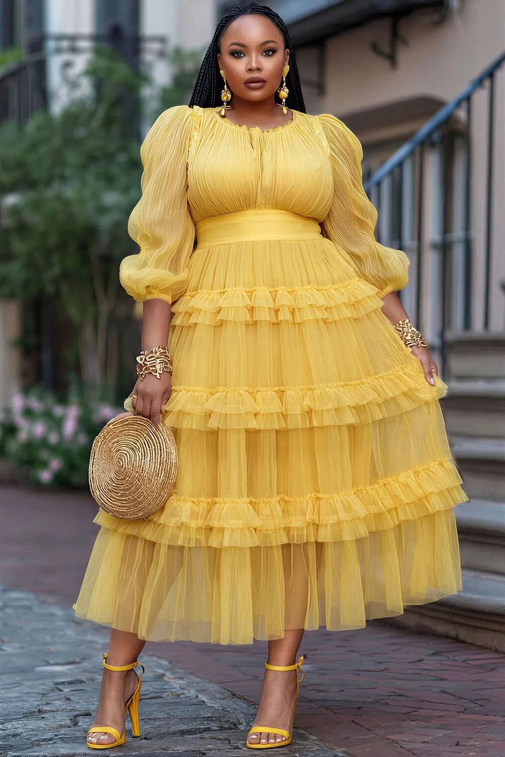 Cocktail Party Yellow Round Neck Lantern Sleeve 3/4 Sleeve Ruffle Tiered Chiffon Midi Dresses