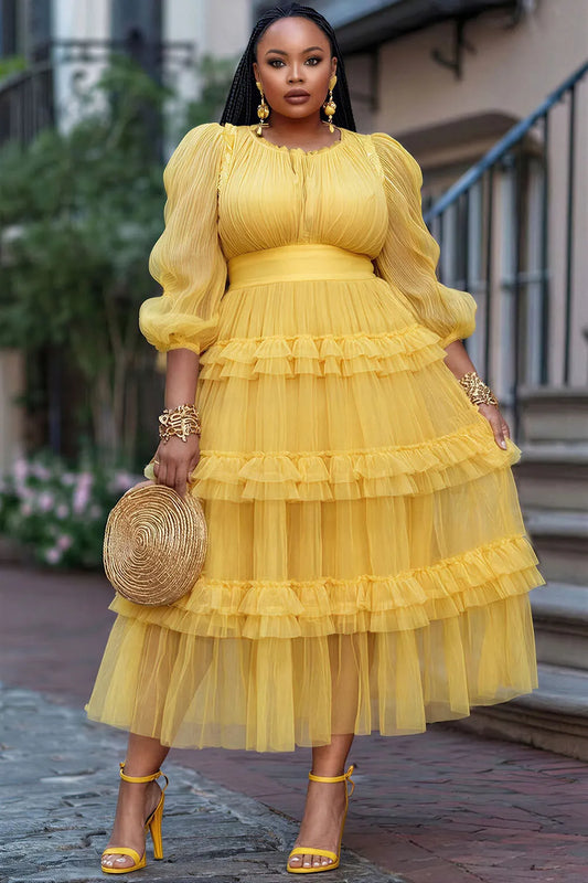 Cocktail Party Yellow Round Neck Lantern Sleeve 3/4 Sleeve Ruffle Tiered Chiffon Midi Dresses