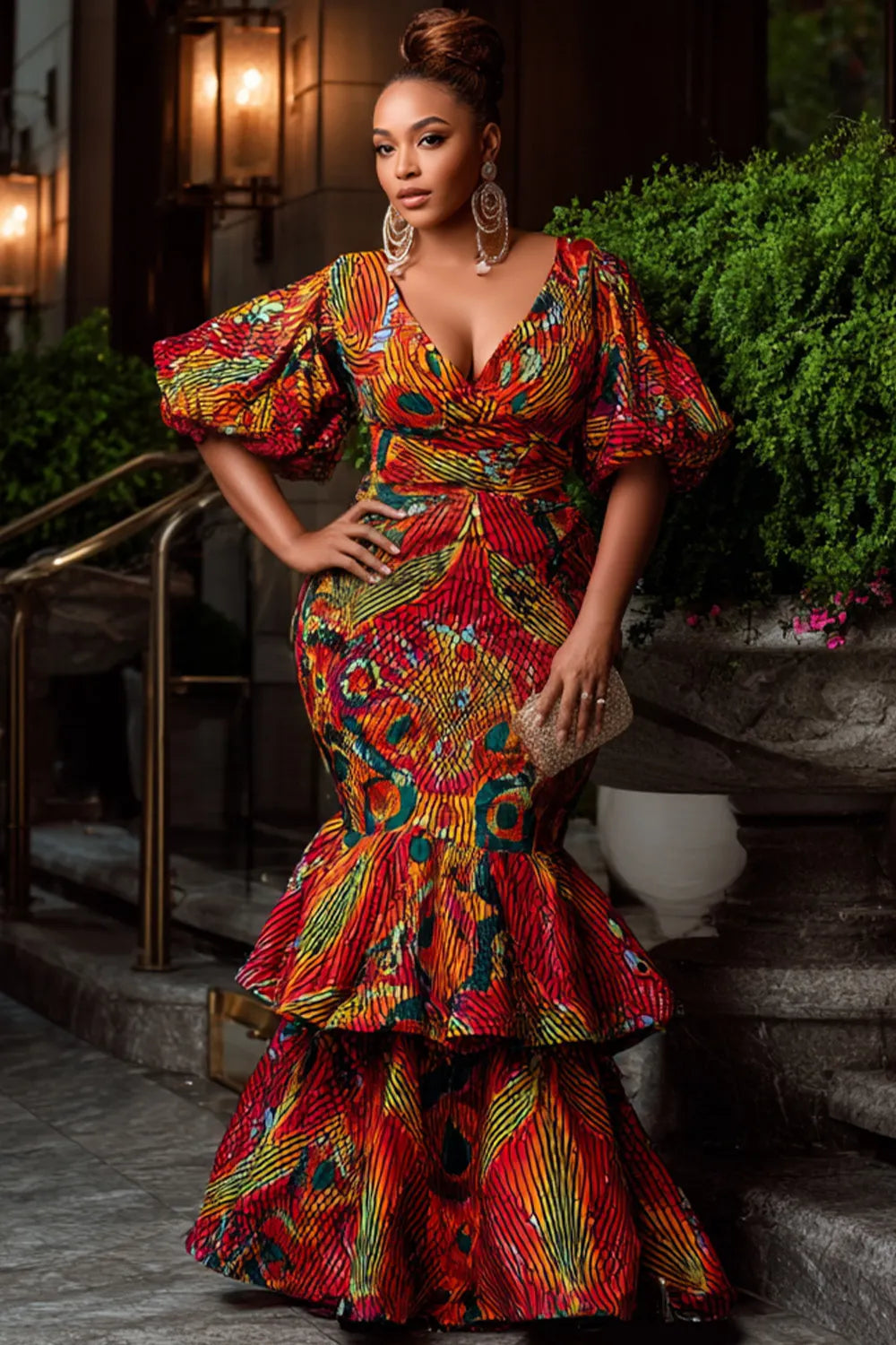 Mother Of The Bride Multicolor Ankara Wrap Neck Puff Sleeve Short Sleeve Ruffle Mermaid Maxi Dresses