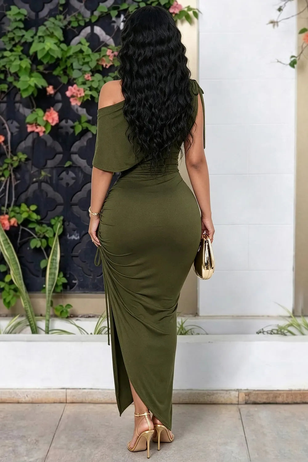 Off Shoulder Drawstring Ruched Irregular Hem Maxi Dresses-Green [Pre Order]