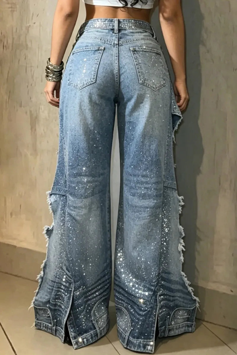Women Full Rhinestone Embellished Distressed Ripped Raw Fringe Layer Split Wide Leg Flare Denim Jeans