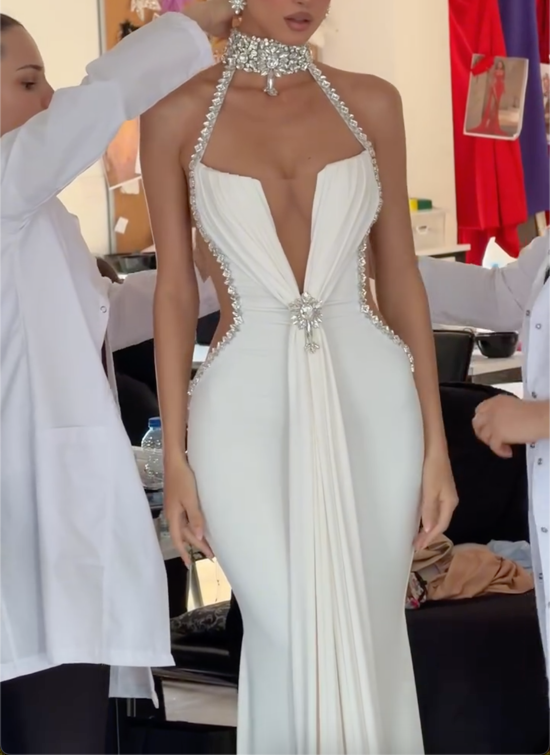 White Mermaid Evening Gown Set - Crystal Embellished Formal Dresses in 2 Styles