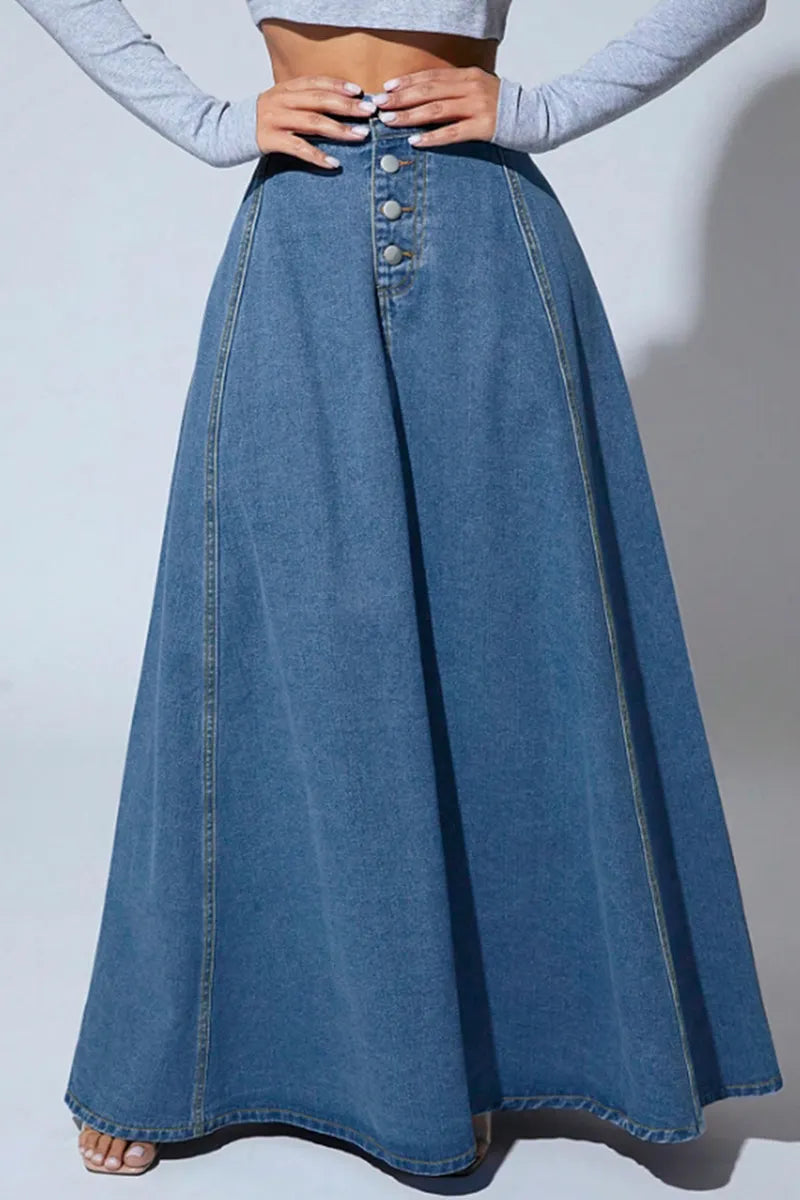 Women's Vintage Single-Breasted Full A-Line Denim Skirt