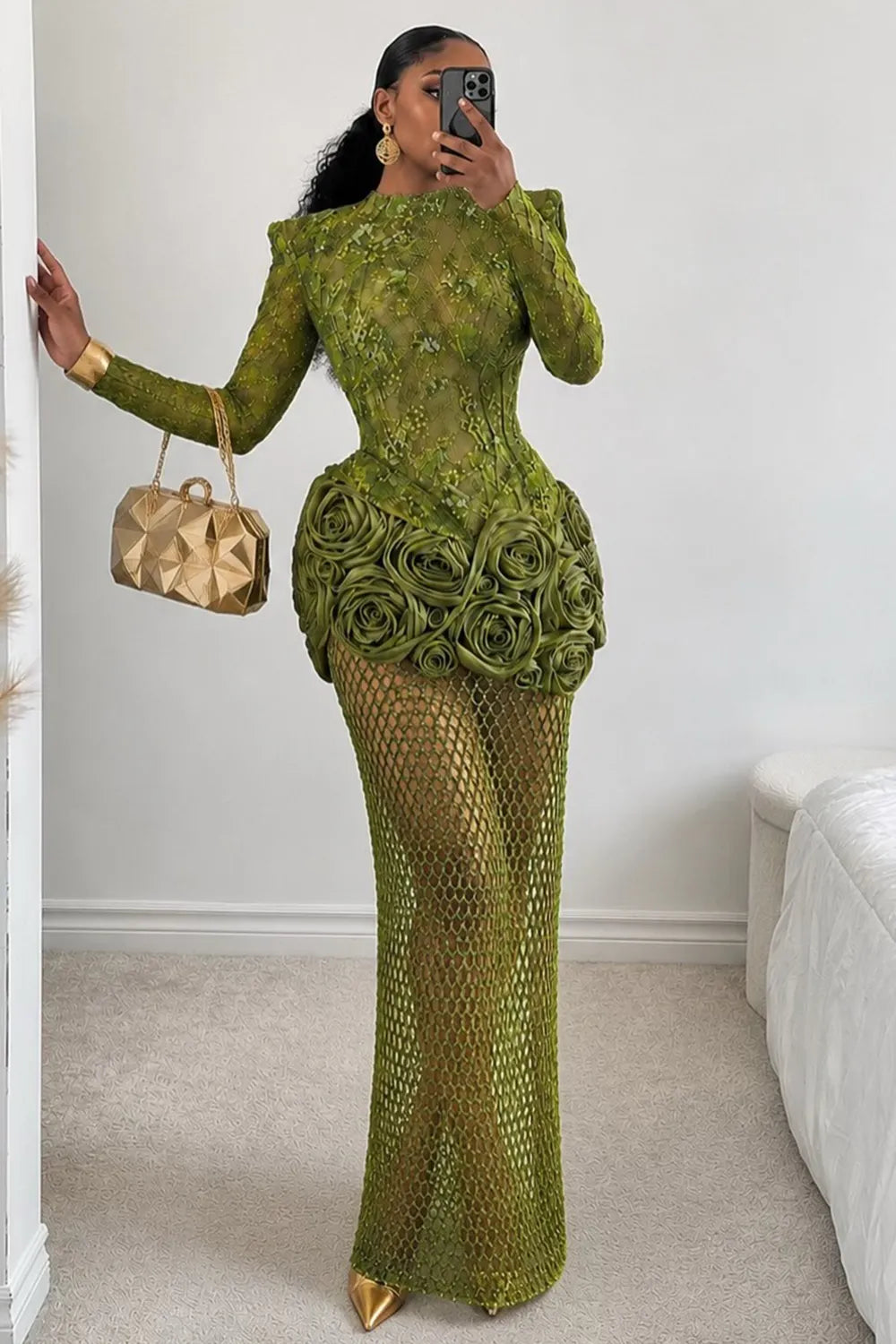 Shoulder Pad 3D Floral Patchwork Fishnet Mesh Maxi Dresses-Green [Pre Order]