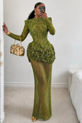 Shoulder Pad 3D Floral Patchwork Fishnet Mesh Maxi Dresses-Green [Pre Order]