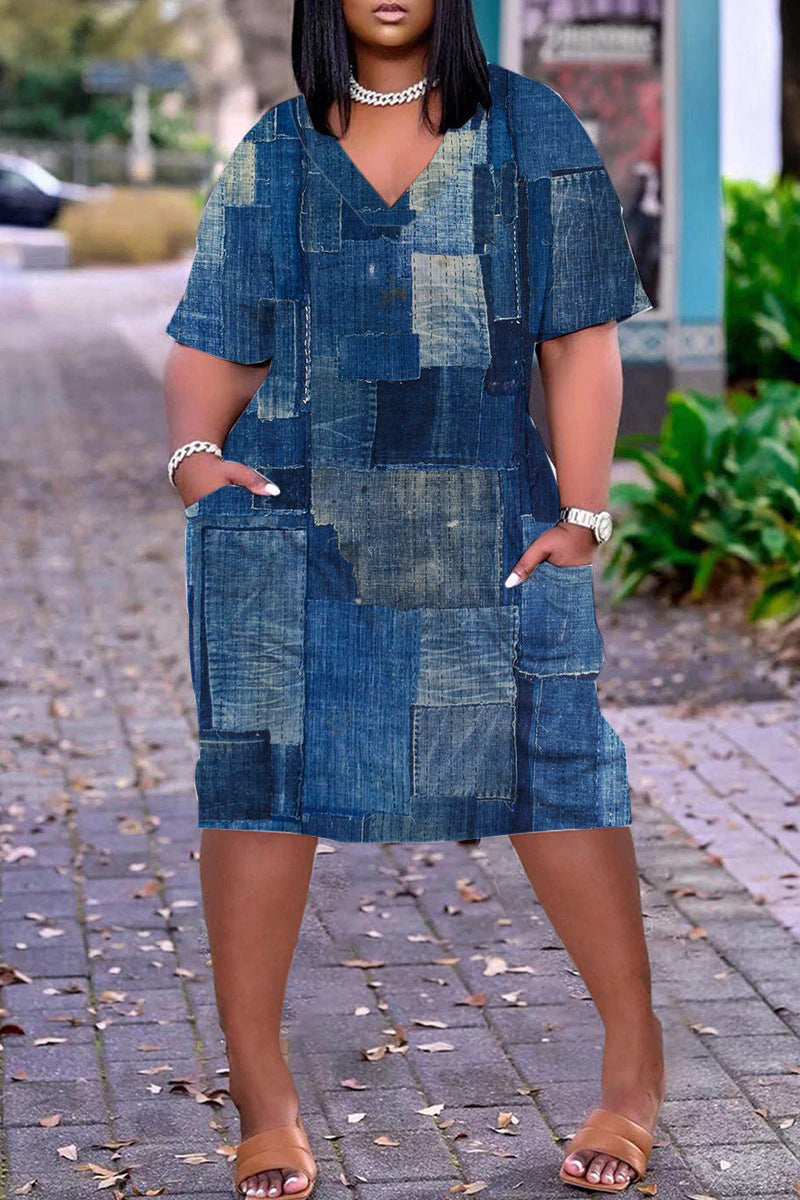 Xpluswear Plus Size Casual V Neck Short Sleeve Print Loose Midi Dress