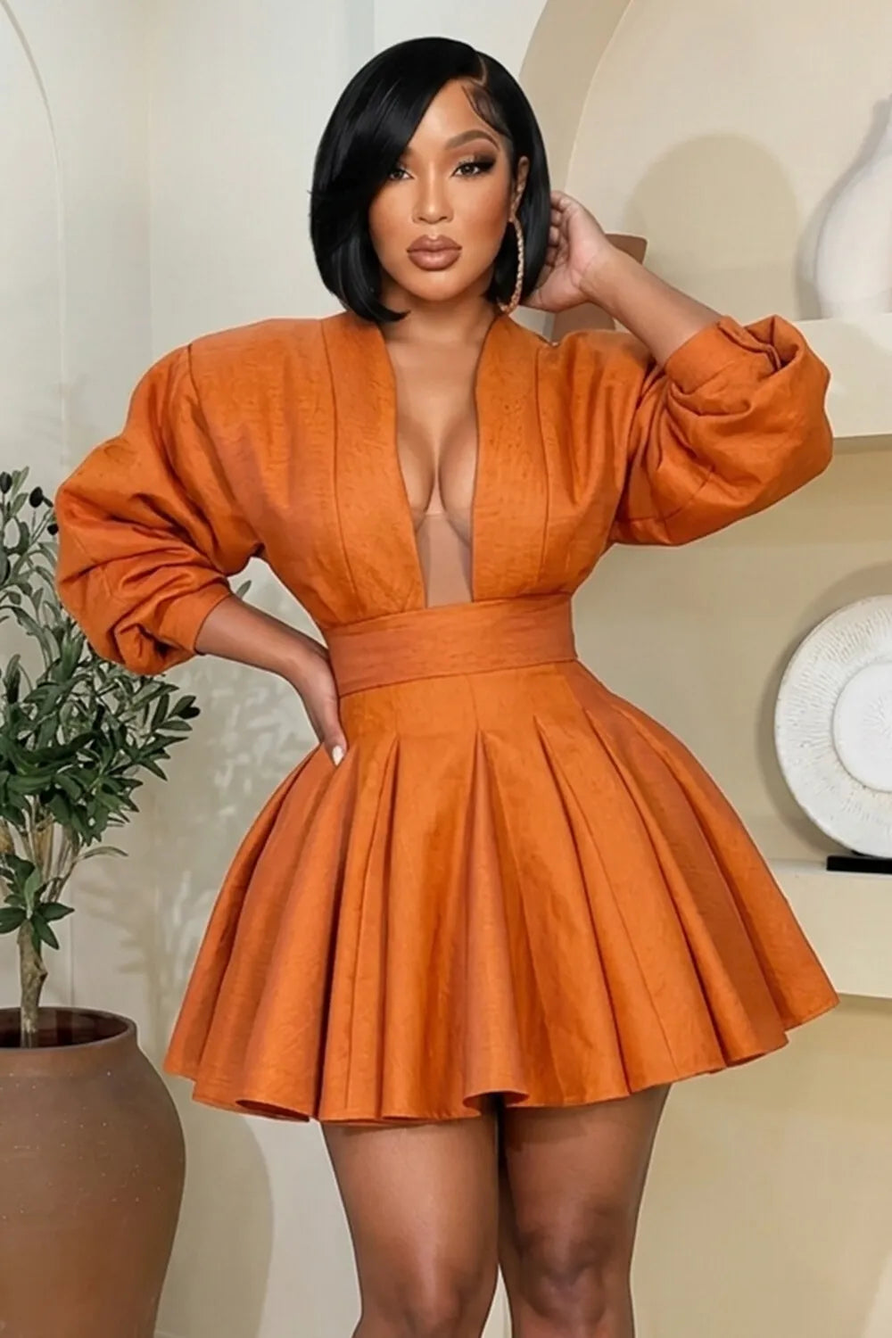 Plunge Neck Lantern Sleeve Flounce Hem Mini Dresses-Orange [Pre Order]
