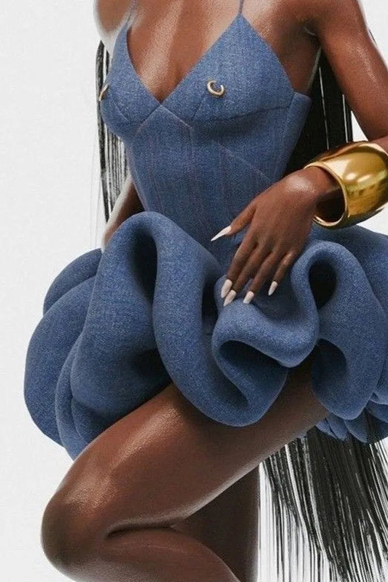 Women Spaghetti Strap V-Neck Gold Accent Sculptural 3D Ruffle Denim Bubble Mini Dress