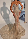 Champagne Strapless Sweetheart Neck Rhinestone Beaded Mermaid Maxi Evening Gown, Formal Dress for Prom Wedding Red Carpet Party