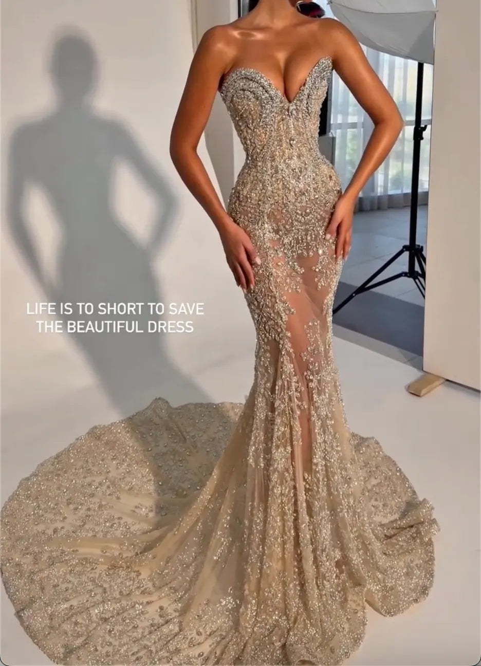 Champagne Strapless Sweetheart Neck Rhinestone Beaded Mermaid Maxi Evening Gown, Formal Dress for Prom Wedding Red Carpet Party
