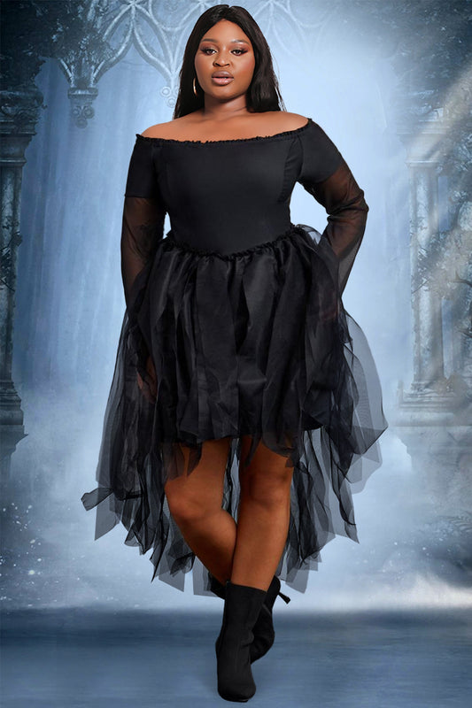 Halloween Costume Black Off The Shoulder Long Sleeve Fringe Knitted Mini Dress(Ships 24h)