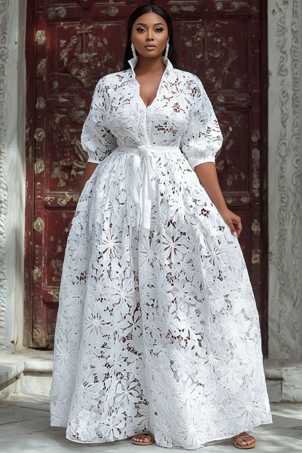 Wedding White V Neck Puff Sleeve Short Sleeve See Through Maxi Dresses