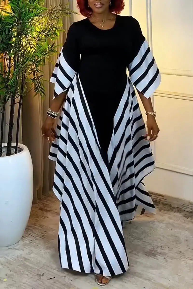 Women Round Neck Patchwork Striped Elegant Casual Maxi Dresses
