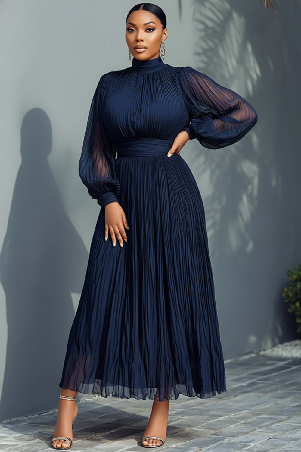 Churchs Navy Blue Mock Neck Lantern Sleeve Long Sleeve See Through Elegant Ruffled Midi Dresses
