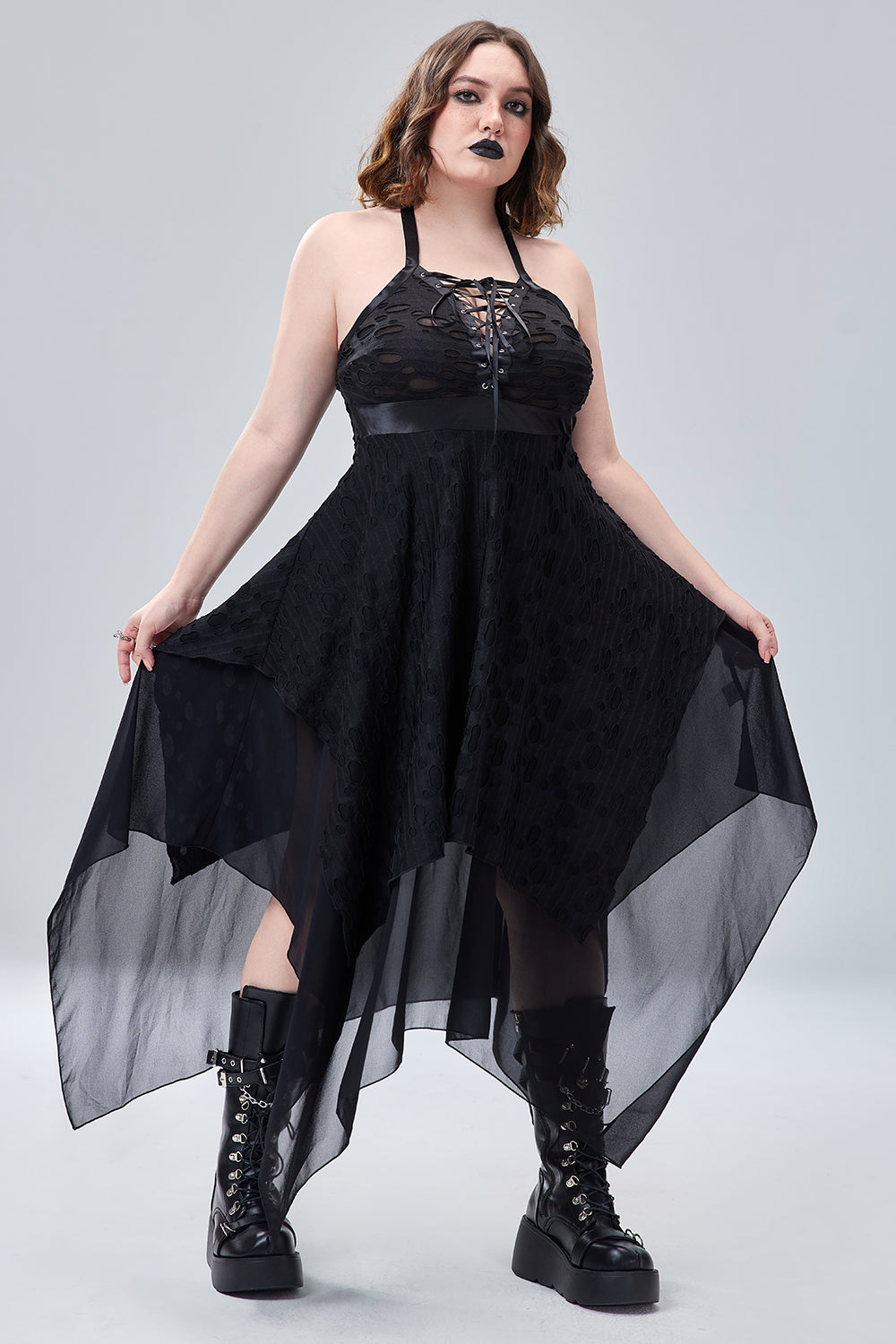 Halloween Costume Black Lace Up Sleeveless Irregular Hollow Knitted Midi Dress(Ships 24h)