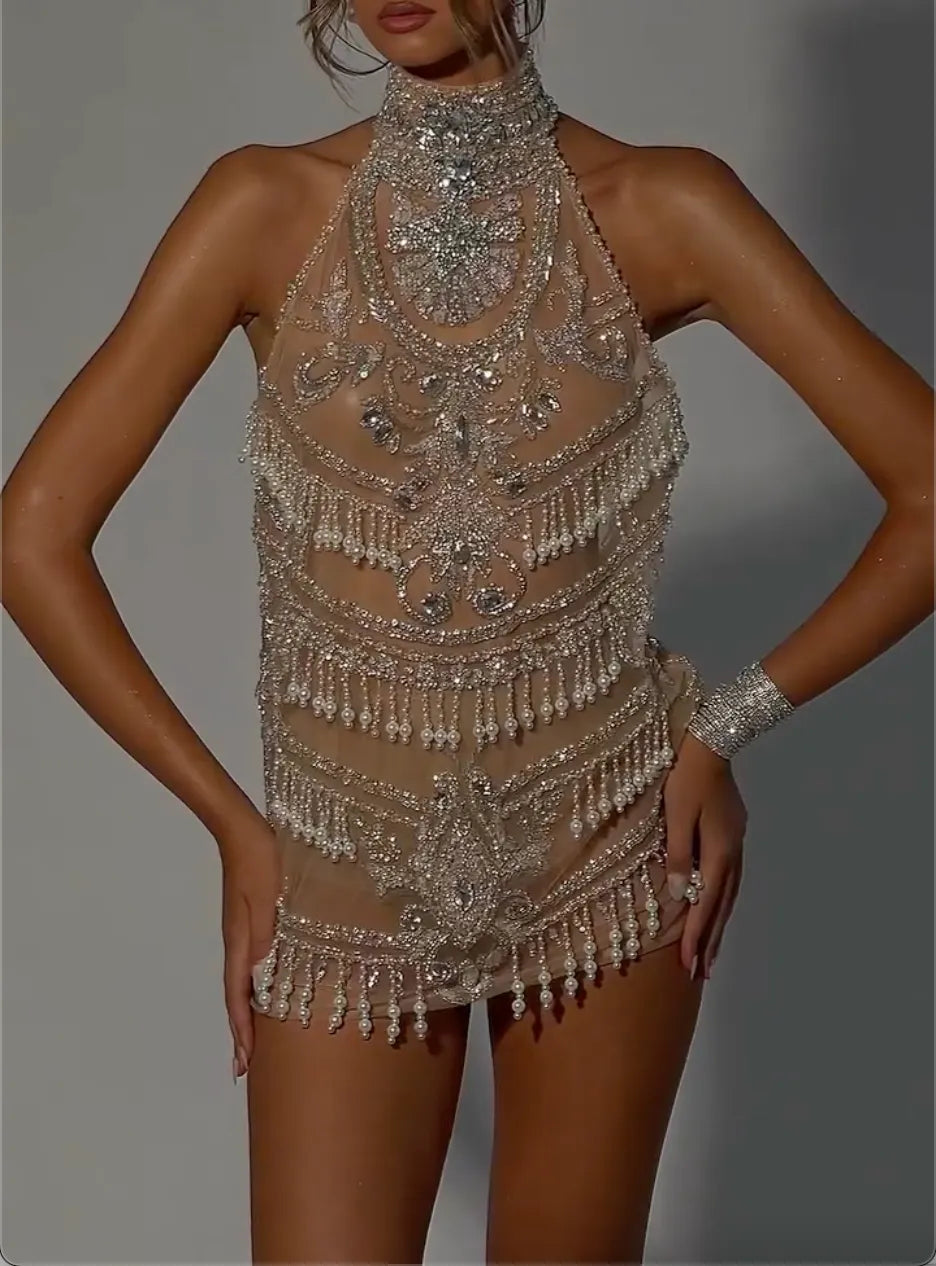 Silver High Neck Halter Pearl Rhinestone Tassel Fringe Sheer Mini Dress, Formal Party Gown for Club Birthday Gala Photoshoot Pageant