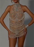 Silver High Neck Halter Pearl Rhinestone Tassel Fringe Sheer Mini Dress, Formal Party Gown for Club Birthday Gala Photoshoot Pageant