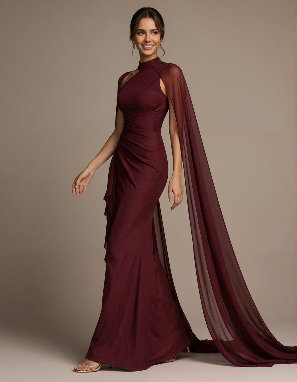 Burgundy High Neck Shawl Sleeve Chiffon Satin Maxi Dress