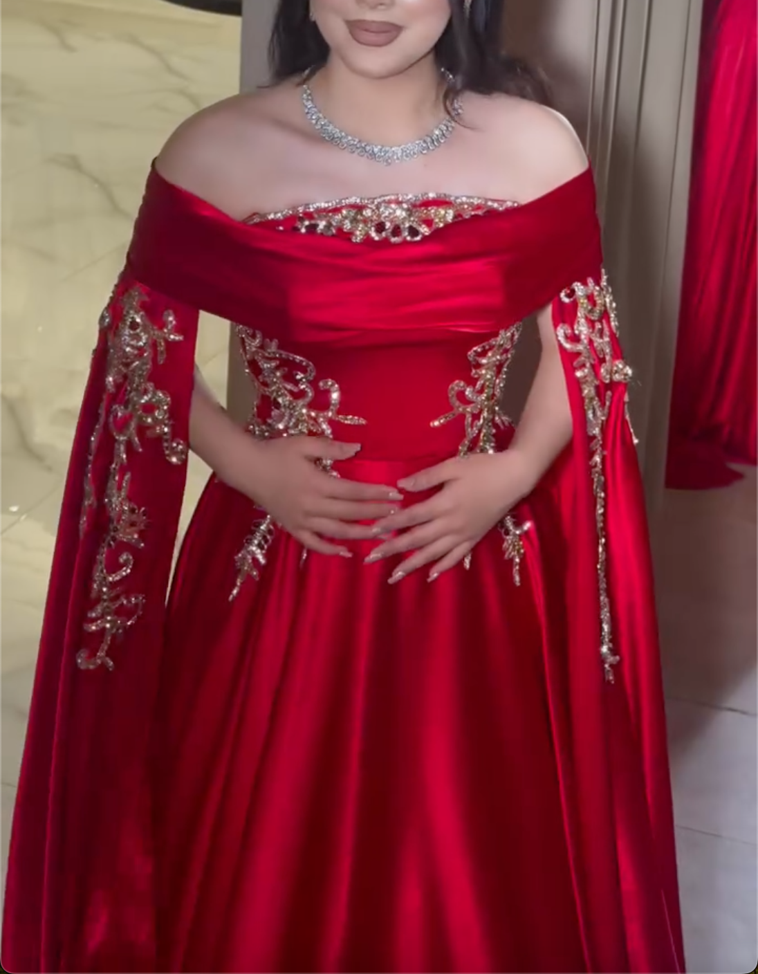 Red Rhinestone Off-Shoulder Maxi Dress with Cape Sleeves & Ball Gown Skirt
