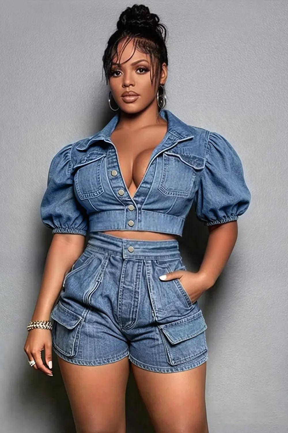 Xpluswear Design Plus Size Party Light Blue Shirt Collar Short Sleeve Pocket Crop Denim Two Piece Short Sets