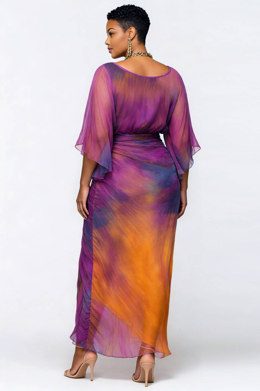 Cocktail Party Purple Tie Dye Round Neck Flare 3/4 Sleeve Ruched Chiffon Maxi Dresses