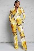 Yellow Floral Lapel Collar Long Sleeve Pocket Two Piece Pant Suits