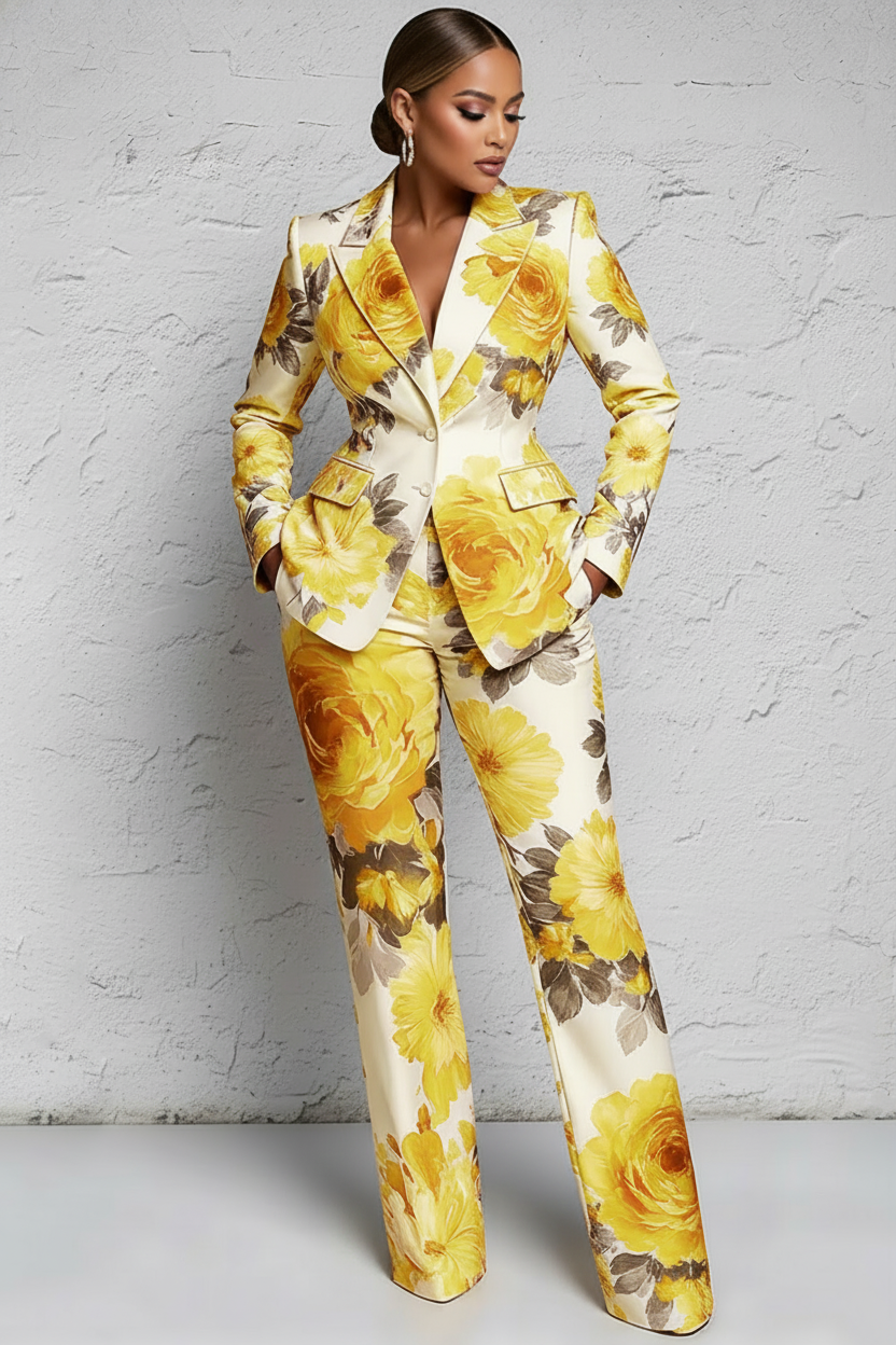 Yellow Floral Lapel Collar Long Sleeve Pocket Two Piece Pant Suits