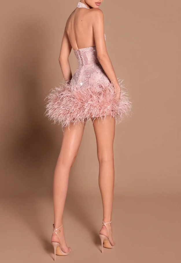 Pink Sequin Halter Neck Mini Dress with Feather Trim