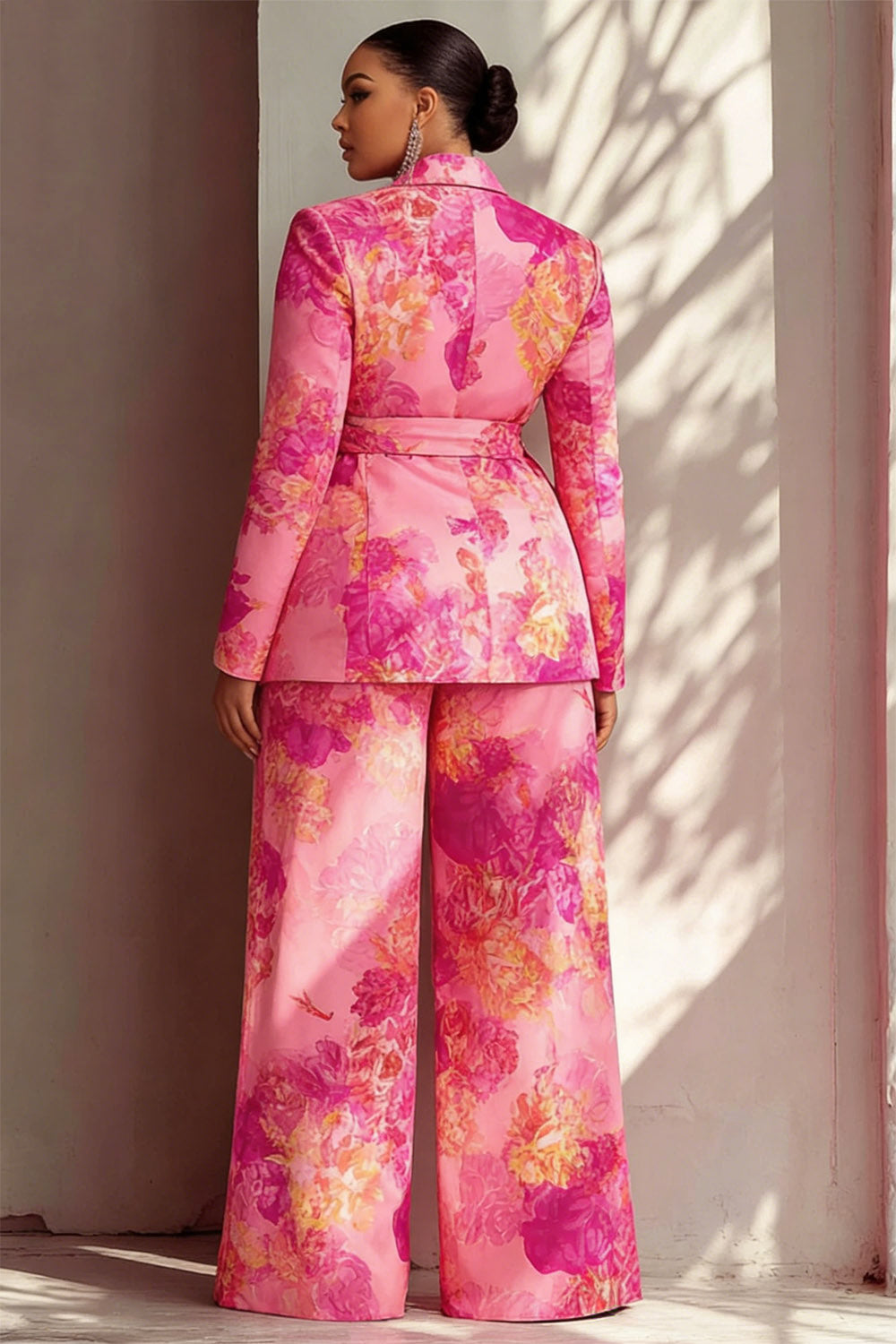Hot Pink Turndown Collar Long Sleeve Pocket Satin Two Piece Pant Suits