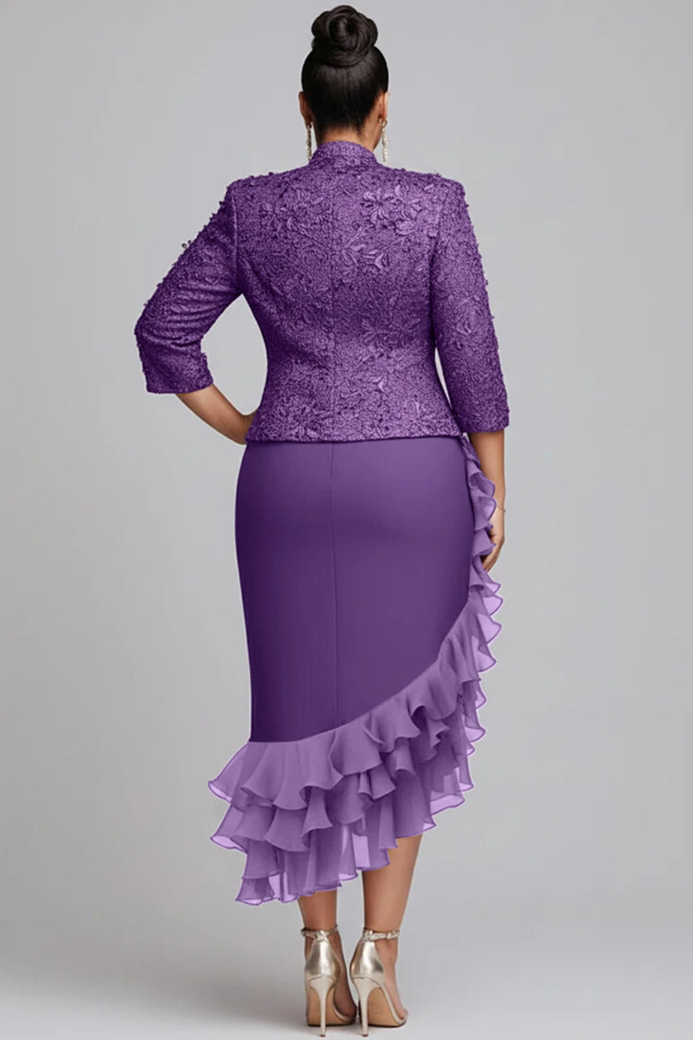 Churchs Gold 3/4 Sleeve Ruffle Elegant 3D Two Piece Dress Set