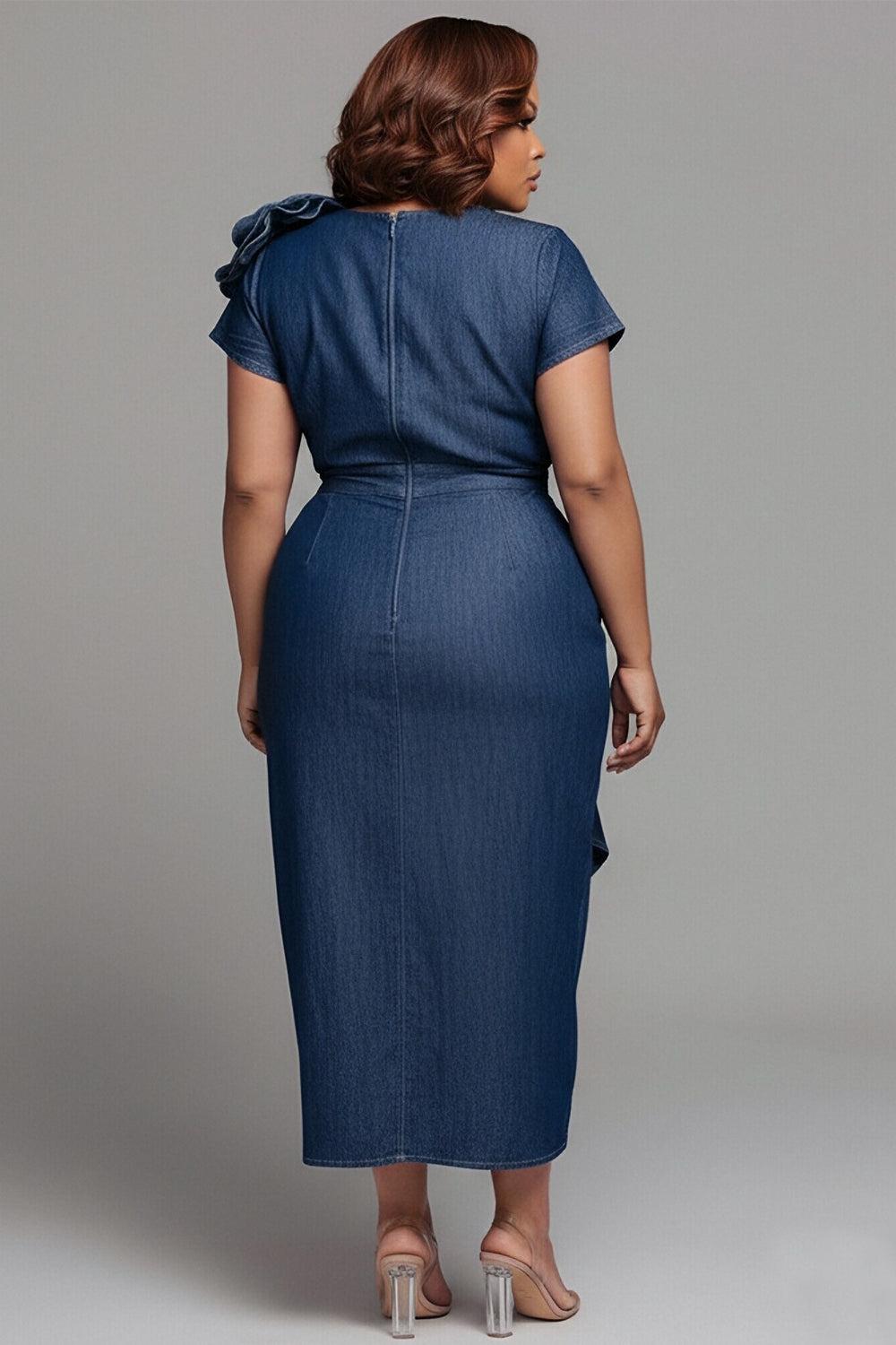 Xpluswear Design Plus Size Business Casual Blue Round Neck Short Sleeve 3D Fold Tencel Denim Midi Dresses