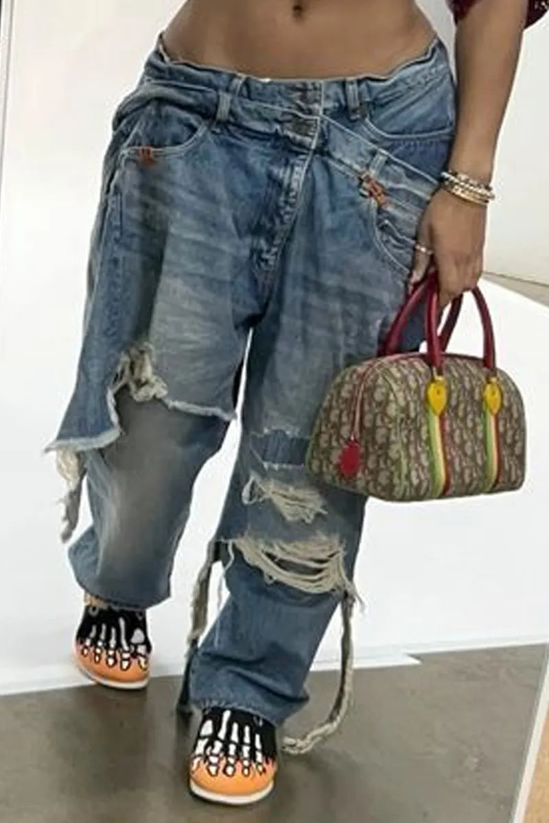 women's  Cross Over Waist Irregular Frayed Hem Heavy Ripped Baggy Wide Leg Jeans