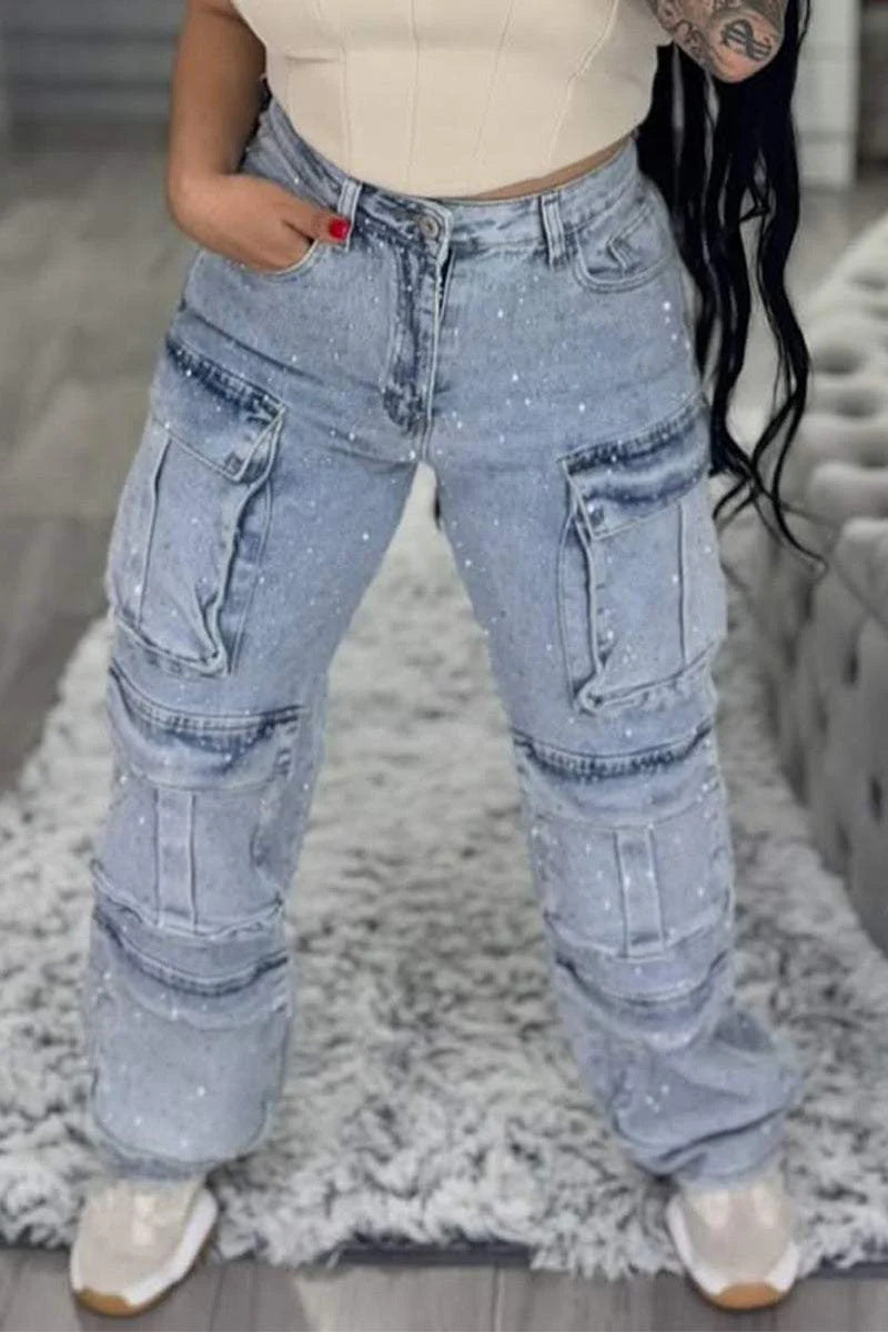 Women's Rhinestone Multi-pocket Work Jeans