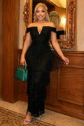 Off Shoulder V Neck Glitter Bead Tiered Tassel Maxi Dresses-Black [Pre Order]