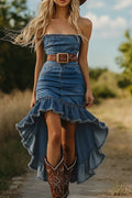Women's Bustier High Low Flounce Denim Midi Dress
