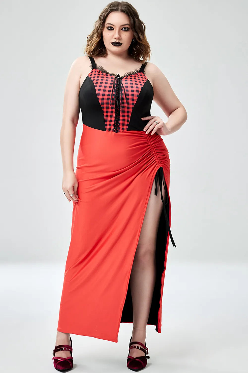 Halloween Costume Red Cosplay Cloak Lace Up Knitted Maxi Dress(Ships 24h)