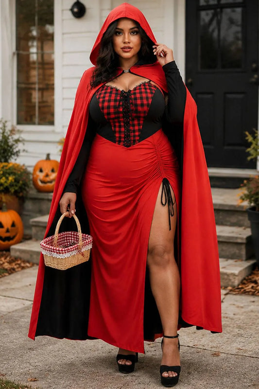 Halloween Costume Red Cosplay Cloak Lace Up Knitted Maxi Dress(Ships 24h)