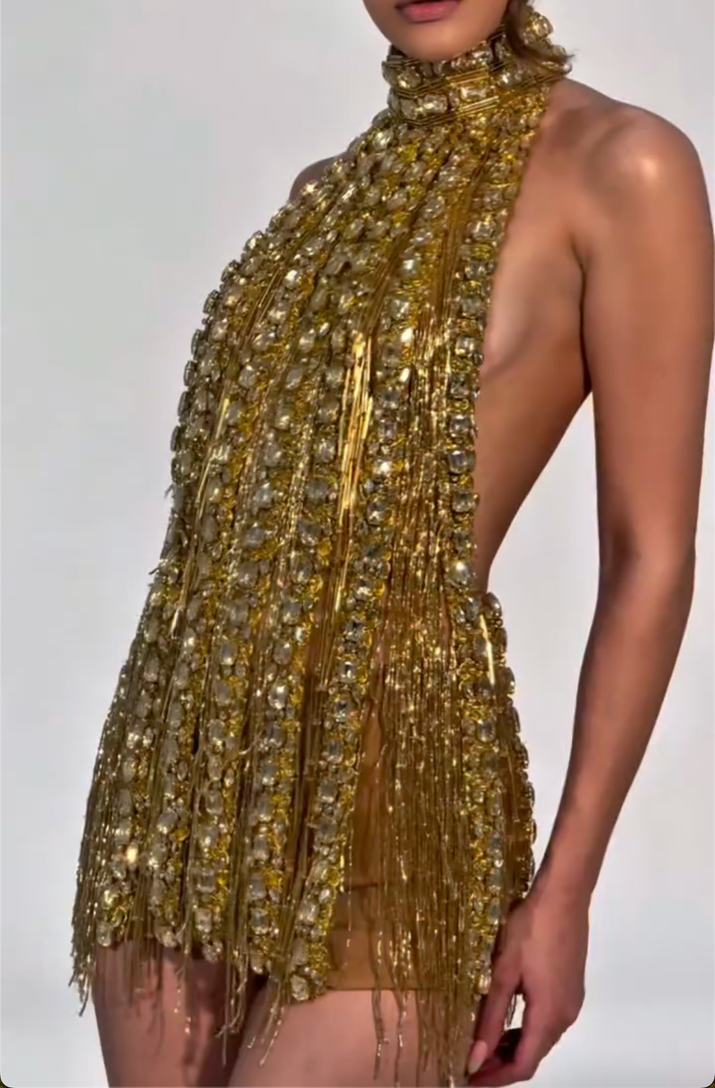 Glamorous Gold Halter-Neck Mini Dress with Crystal & Fringe Detail